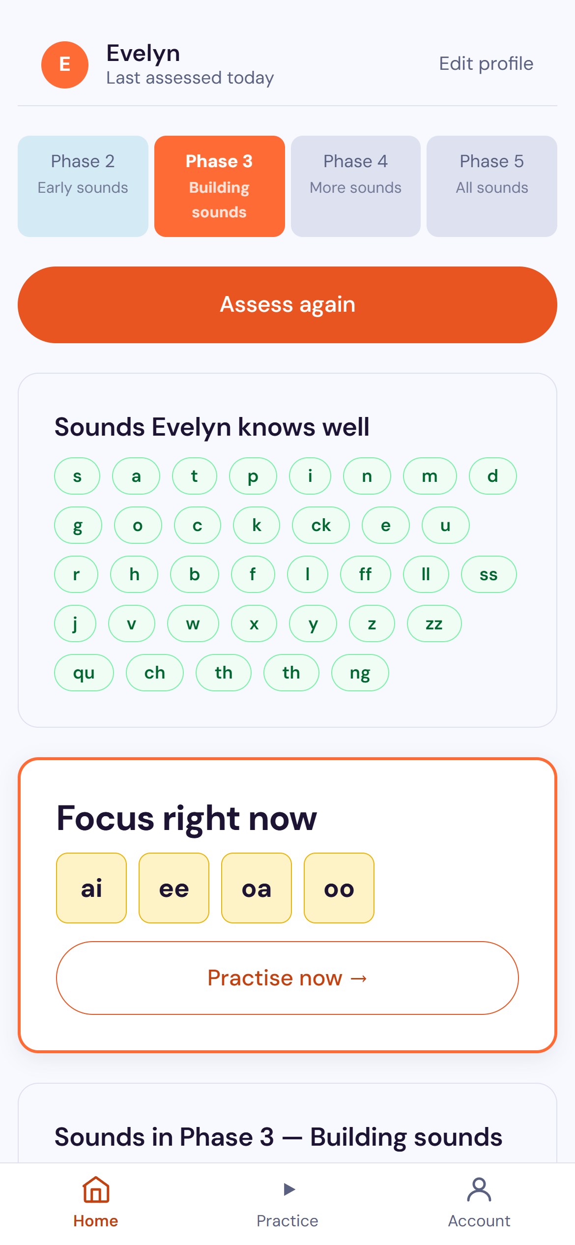 Legible assessment results screen showing which sounds a child knows in plain English